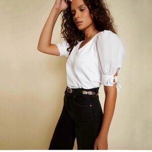 Nation Ltd White Kimberly Puff Sleeve Tie Cuff Short Sleeved Top Medium